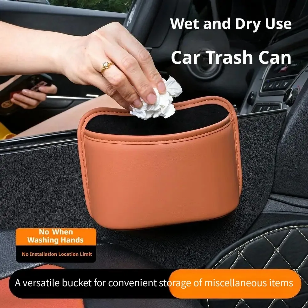 Multifunctional Car Storage Organizer PU Leather Car Trash Can Hanging Car Waste Bin Non‑destructive Installation