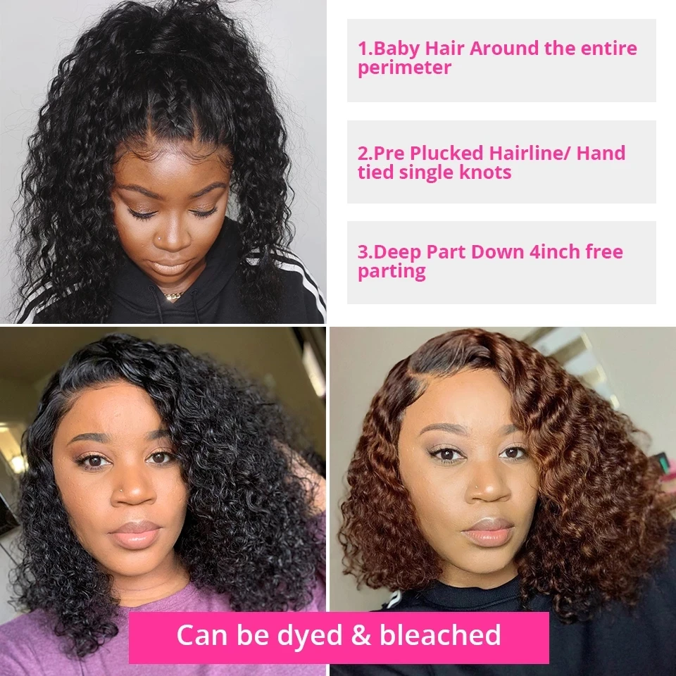 Deep Wave 180% Density Pre-Plucked Side Part Short Bob 13x4 Lace Frontal Brazilian Virgin Human Hair Wigs For Black Woman