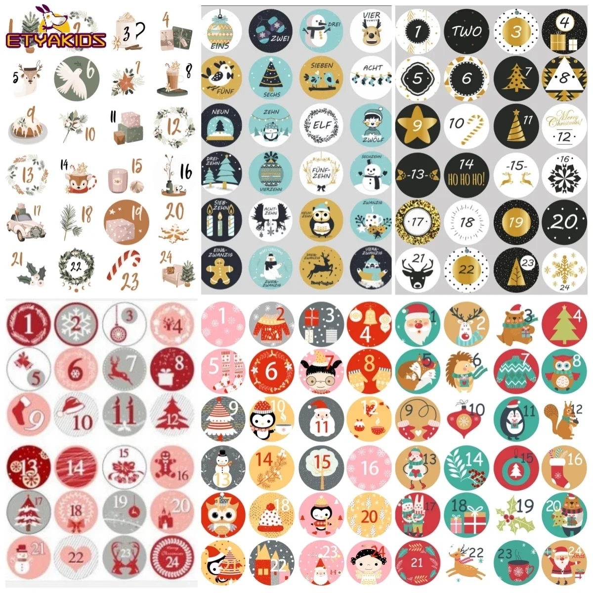 Autocollants de sceau de calendrier de l'avent pour enfants, compte à rebours 1-24, autocollants de bancs ronds, emballage de cadeaux de Noël, décor de scrapbooking