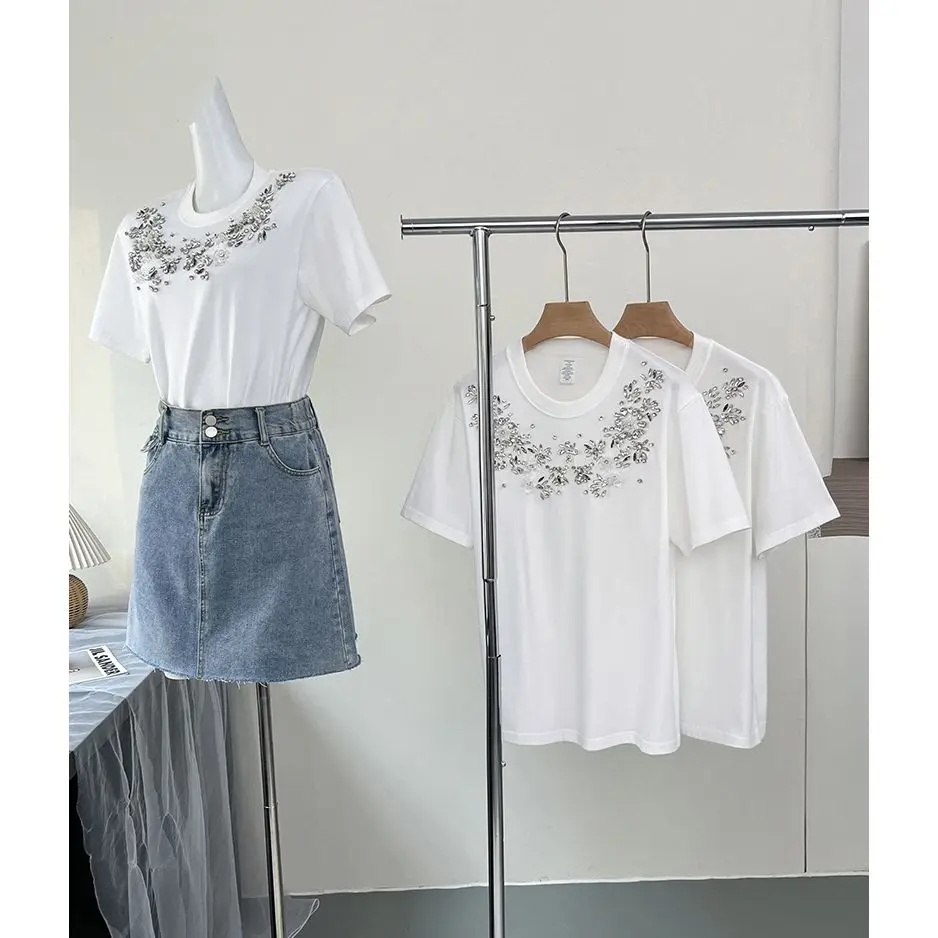 Womens New White Beaded T-shirt Crew Neck Short Sleeve Casual All-match Tee Top Female Fashion Soft Breathable Summer Basic Tops