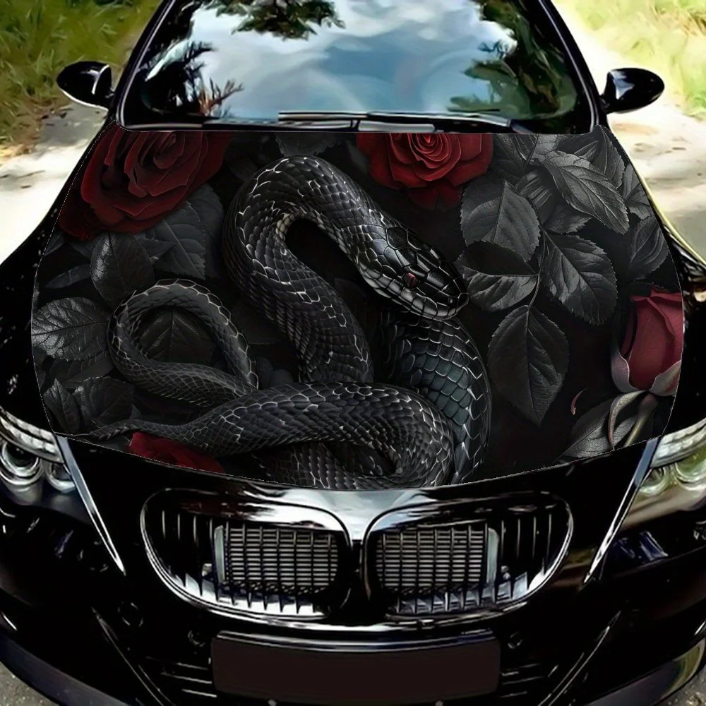 

Trendy Dark Snake and Red Rose PVC Car Vinyl Wraps for Trucks, Cars & SUVs, Self-Adhesive Waterproof Car Hood Decal, Decorative