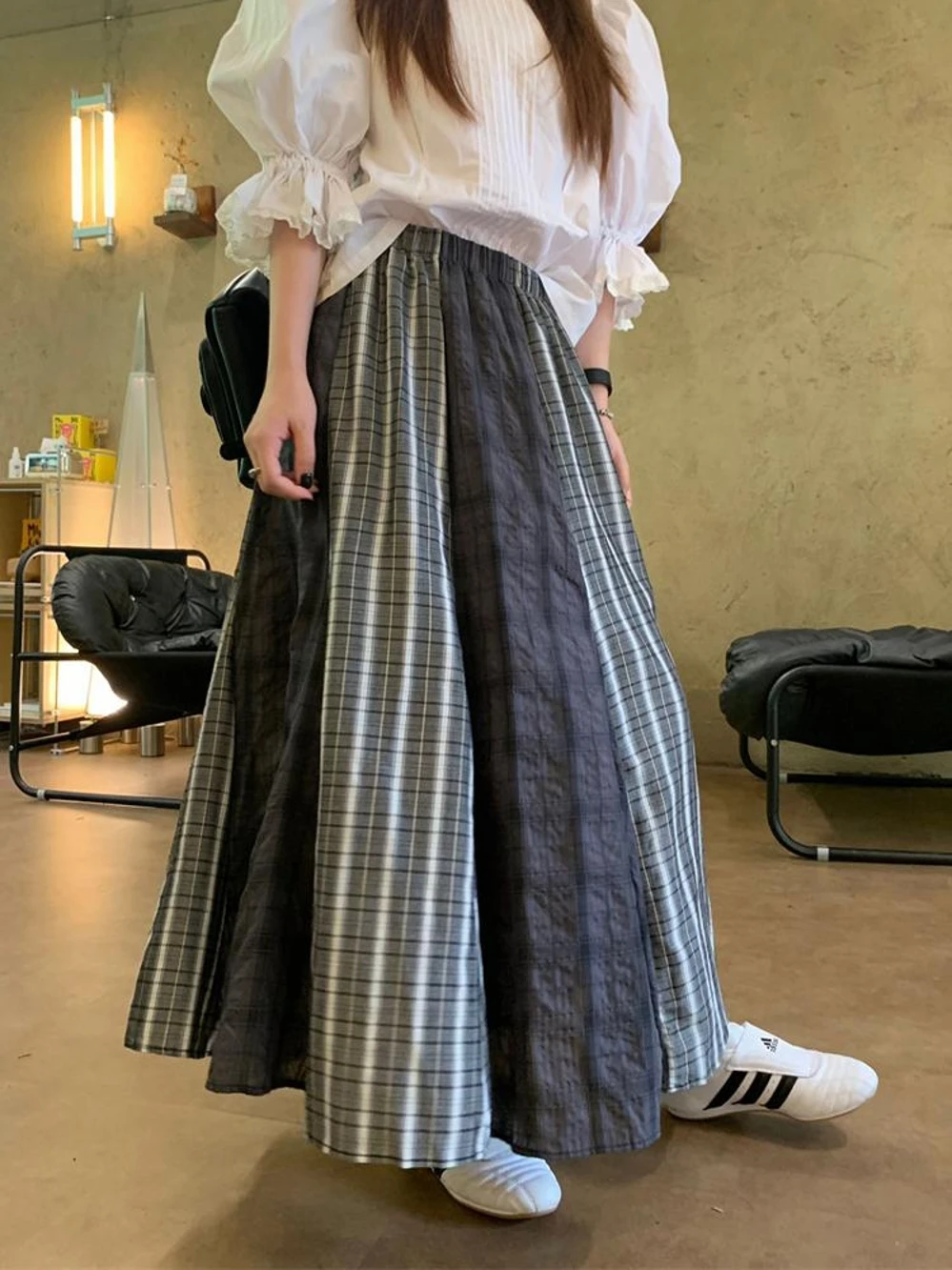 

Ретро Художественная пузырьковая юбка-миди в клетку в стиле пэчворк Женская юбка трапециевидной формы с высокой талией Повседневная одежда Свободный крой H-образной формы