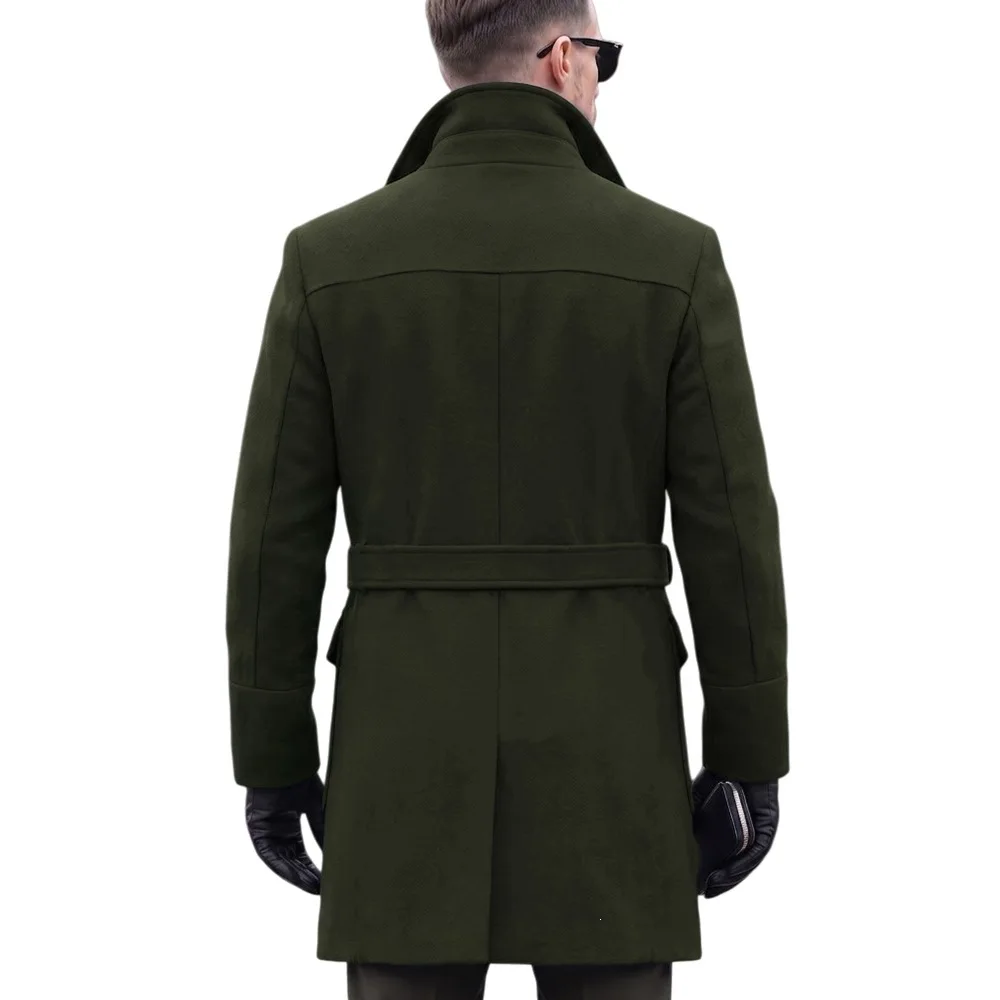Fashion Men Wine Red Wool Blend Overcoat Lapel Collar Multi Pocket Mid‑Long Single Breasted Winter Warm Business Casual Outerwea
