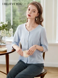 I BELIEVE YOU 2023 Blue French Shirt for Women V-neck Half Sleeve Autumn New Tops Slim Office Lady Shirt & Blouse 2233055199