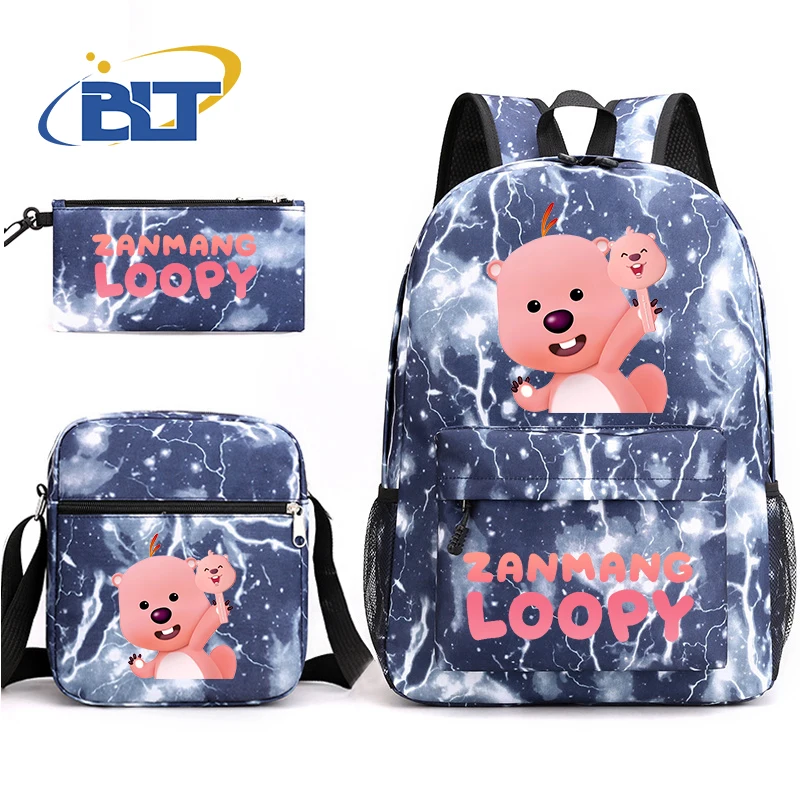 Cute Loopy Print Backpack Set para crianças, bolsa de escola estudantil, bolsa de ombro, lápis, meninos e meninas, 3 pcs