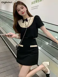 2 Pcs Sets Women Sweet Bow T-shirts Mini Patchwork Skirts Fashion Girlish Tender Casual Streetwear All-match Chic Students Soft