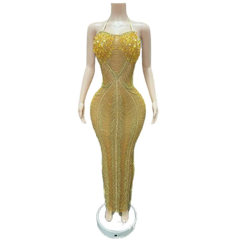 High-end Heavy Industry Water Drop Diamond Temperament Waist Dress Model Catwalk Fashion Women's Annual Meeting Dress Abendkleid