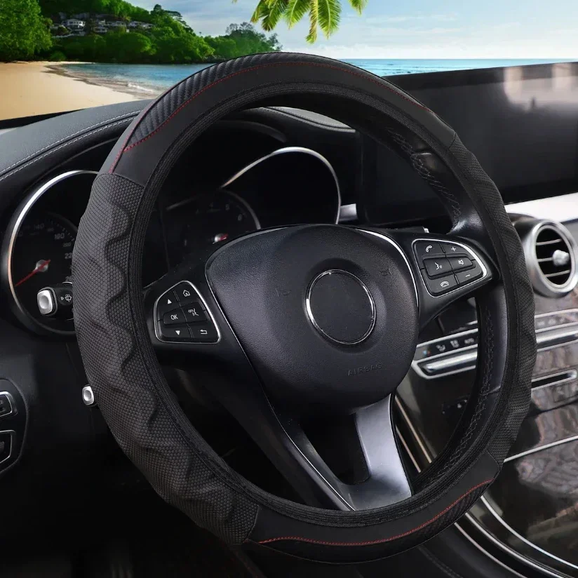 Silicone Stereo Leather Carbon Fiber Car without Inner Ring Steering Wheel Cover Car Accessories Suitable for 14.5-15INCH