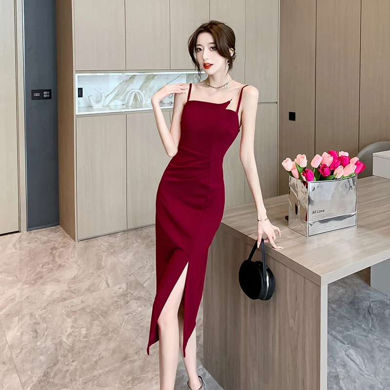 Summer Elegant Party Spaghetti Strap Dresses for Women 2023 New Vintage Sweet Solid Split Chic Sexy Sleeveless Long Short Dress