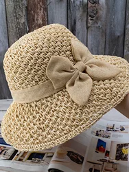 Handmade Straw Hat for Women Summer Fashion Bowknot Foldable Sunscreen Panama Lady Sweet Wide Brim UV Sunscreen Beach Cap Girl