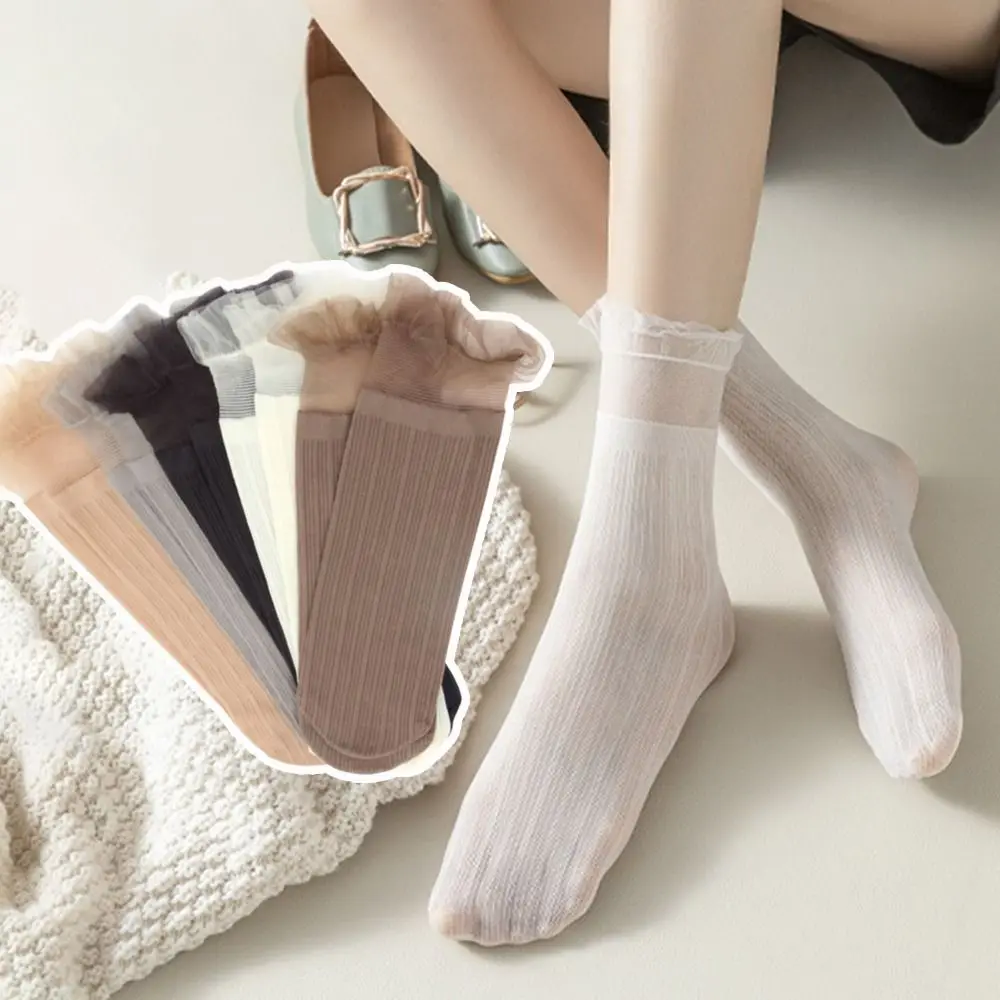 Kawaii Lolita Summer Women Socks Elastic Ultra-thin Transparent Mesh Socks Hollow Out Lace Ruffle Socks For Female Ladies