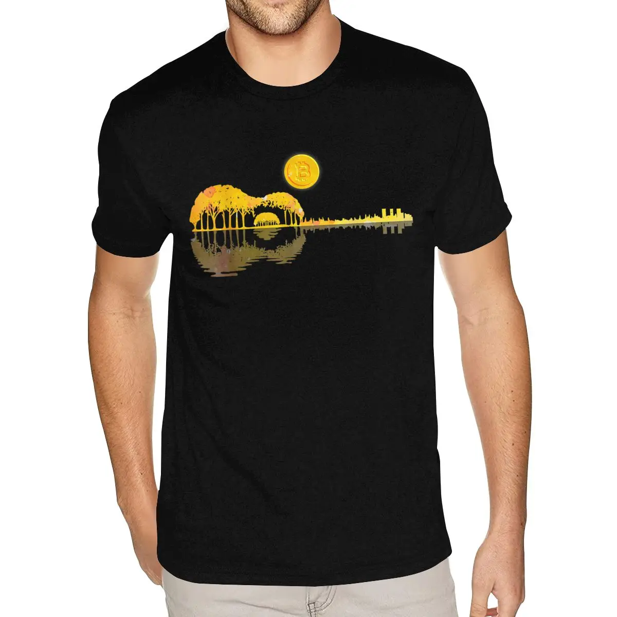 Cute Bitcoin Investors Acoustic Guitar Player Btc Holders Tees Shirts for Men 6XL Short Sleeve Cotton Black Crew Neck Tees