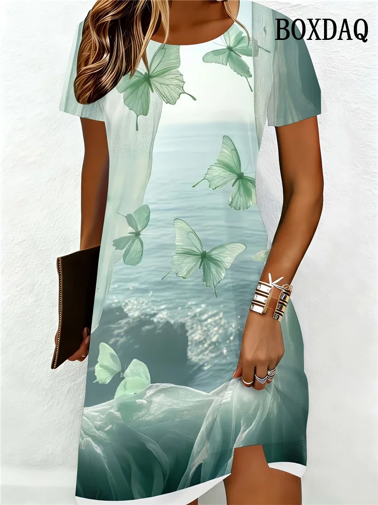 2026 New Summer Butterfly Print Women‘s Dress Elegant Fashion Tie Dye Abstract Short Sleeve O-Neck Casual A-Line Loose Clothing