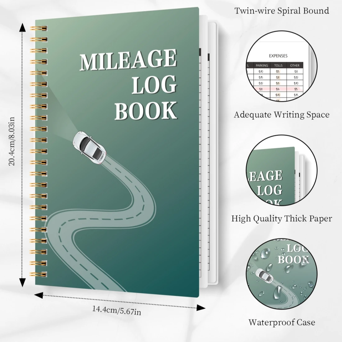 Libro di registro per chilometraggio A5, localizzatore di spese per veicoli con contachilometri, miglia, carburante, parcheggio, perfetto per documenti di auto aziendali e personali