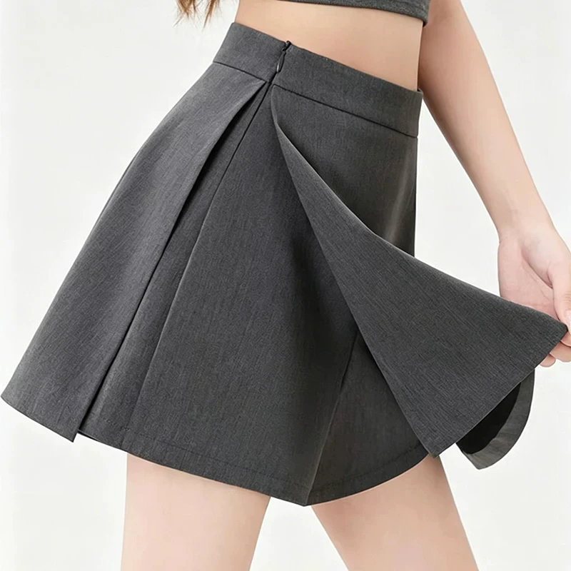 Women's High Waist A-Line Mini Skirt Gray Side Pleated Flared Skirt Casual Office Daily Wear