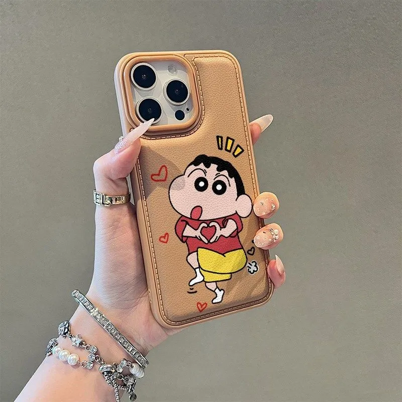 

Ctue cartoon hand heart gesture Crayon Shin-chan leather phone Case For iPhone 16 pro 11 12 13 14 15 16 17Pro Max Plus Cover﻿﻿﻿﻿