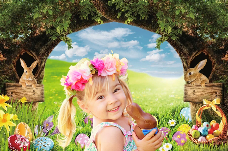 Mùa Xuân Lễ Phục Sinh Phông Nền Chụp Ảnh Tai Thỏ Trứng Vườn Hoa Bé Chân Dung Chụp Ảnh Trang Trí Tiệc Ảnh Nền
