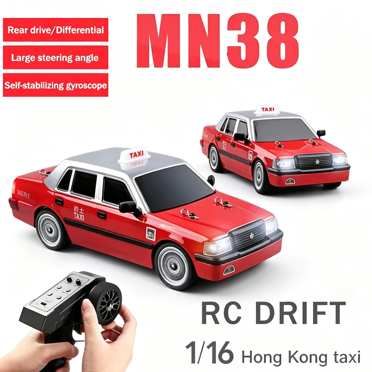 Latest MN38 RC Car 1/16 2.4G Remote Control Vehicle HongKong Taxi Controllable Atmosphere Lamp Simulated Drift Car Toys Models