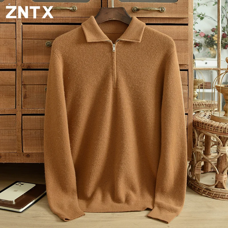 ZNTX 100% pure cashmere sweater men\'s turtleneck pullover solid color knit winter thick warm fashion casual lapel sweater