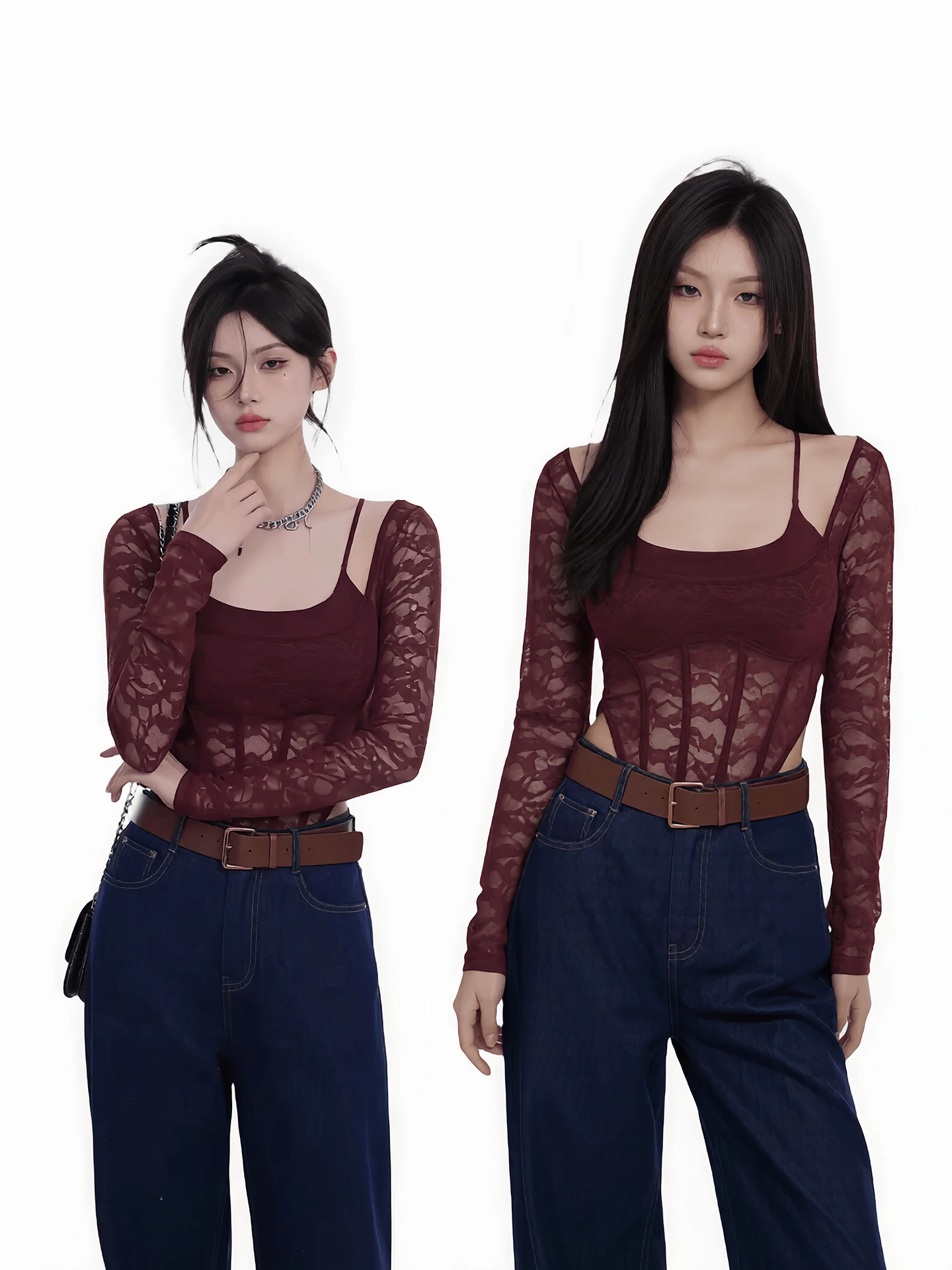 

Pure Desire Sexy Lace Long Sve Bodysuit Women's Spring New Slimming Faionable Top with Chest Pad High Waist Straight Leg