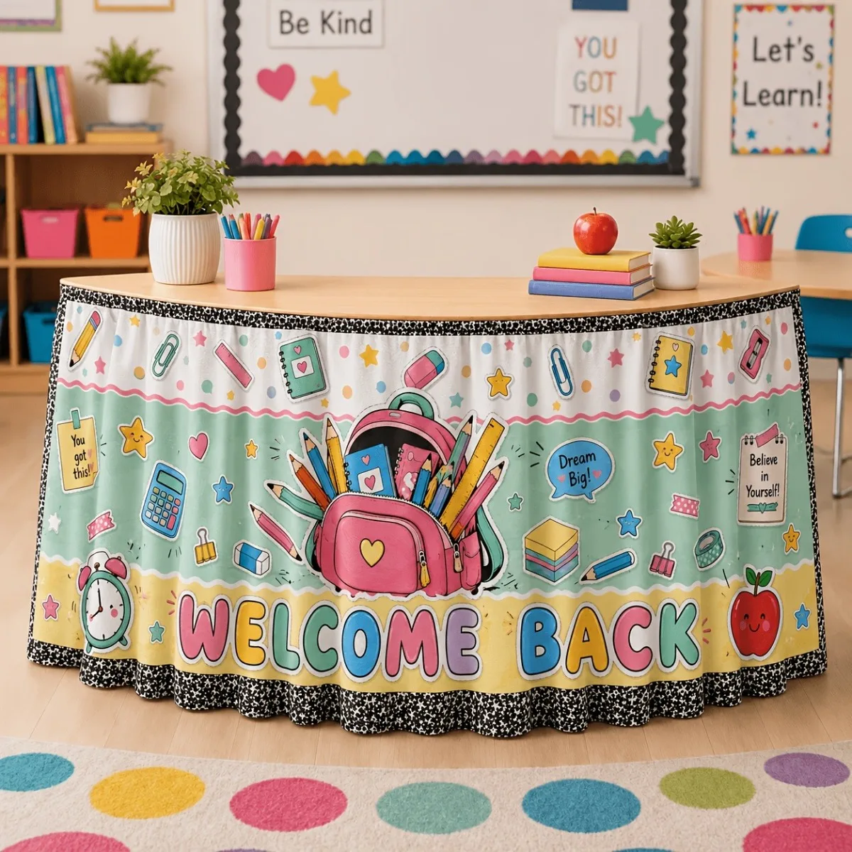 1 send a tablecloth, send a table skirt, welcome back pink stationery backpack apple clock print decoration