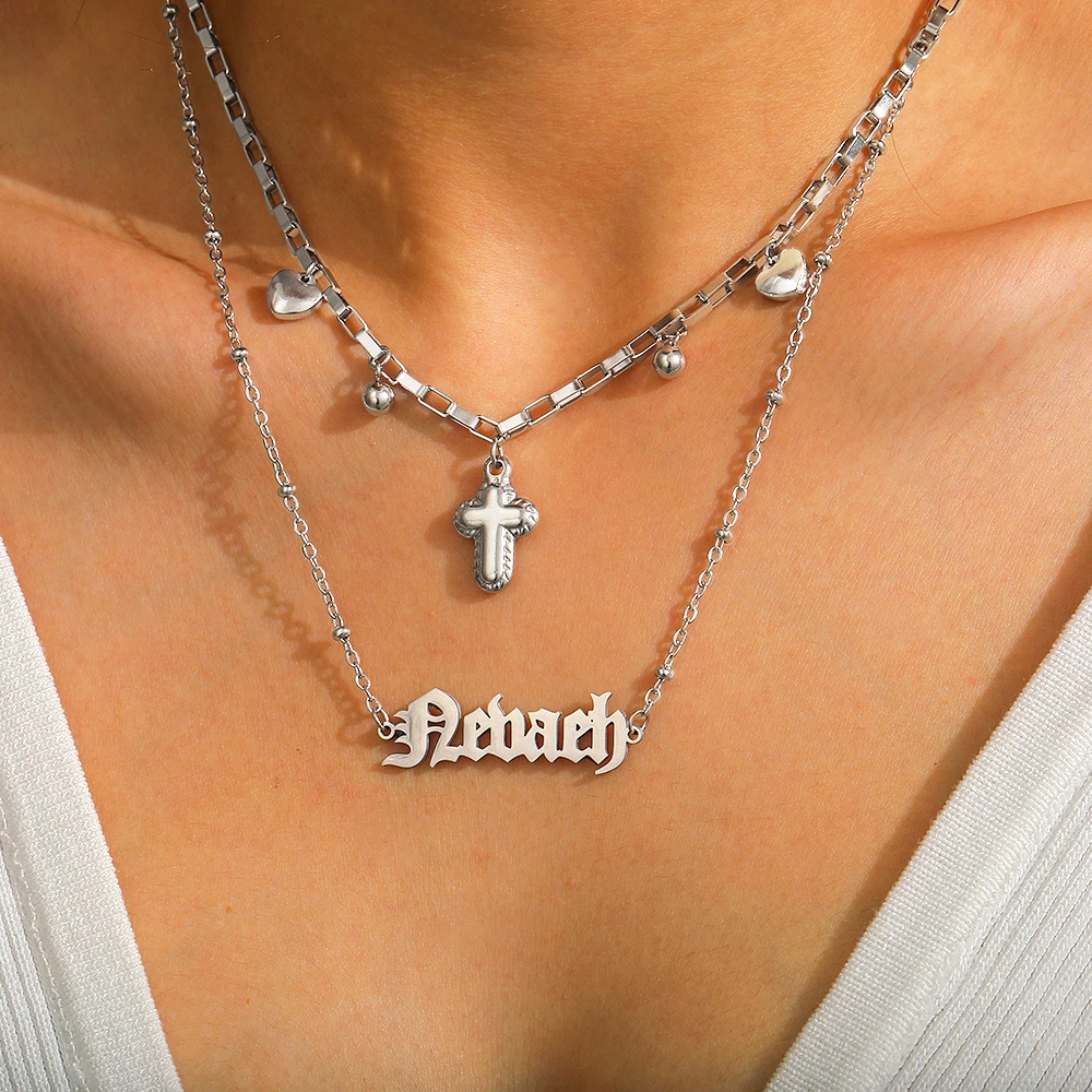 

Personalized Customized Name Necklace Stainless Steel Heart Cross Pendant Women's Fashion Jewelry Girlfriend Lover Best Gift