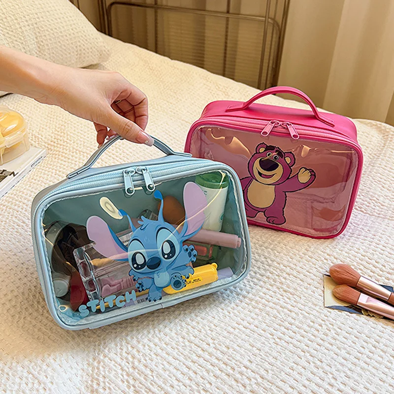 Anime Disney Cute Blue Stitch Rose Red Lotso PVC Transparent Portable Toiletry Storage Bag Large Capacity Cosmetic Bag for Girl