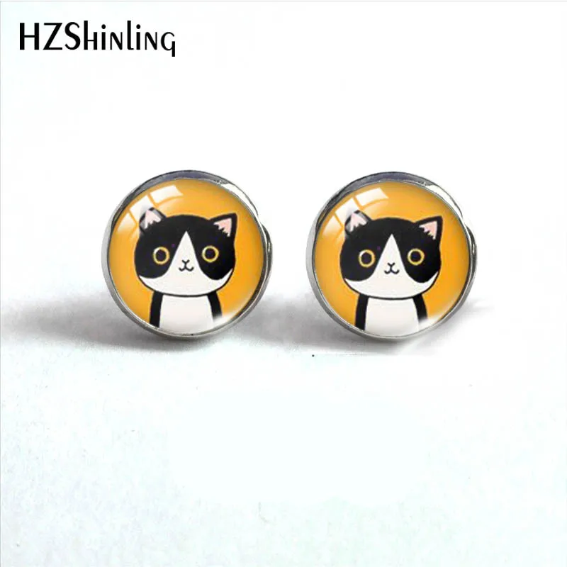 12mm DragonLi Black cat siamese Round Stud Earrings Glass Cabochon Stud Earrings Handmade Ear Jewelry for Women