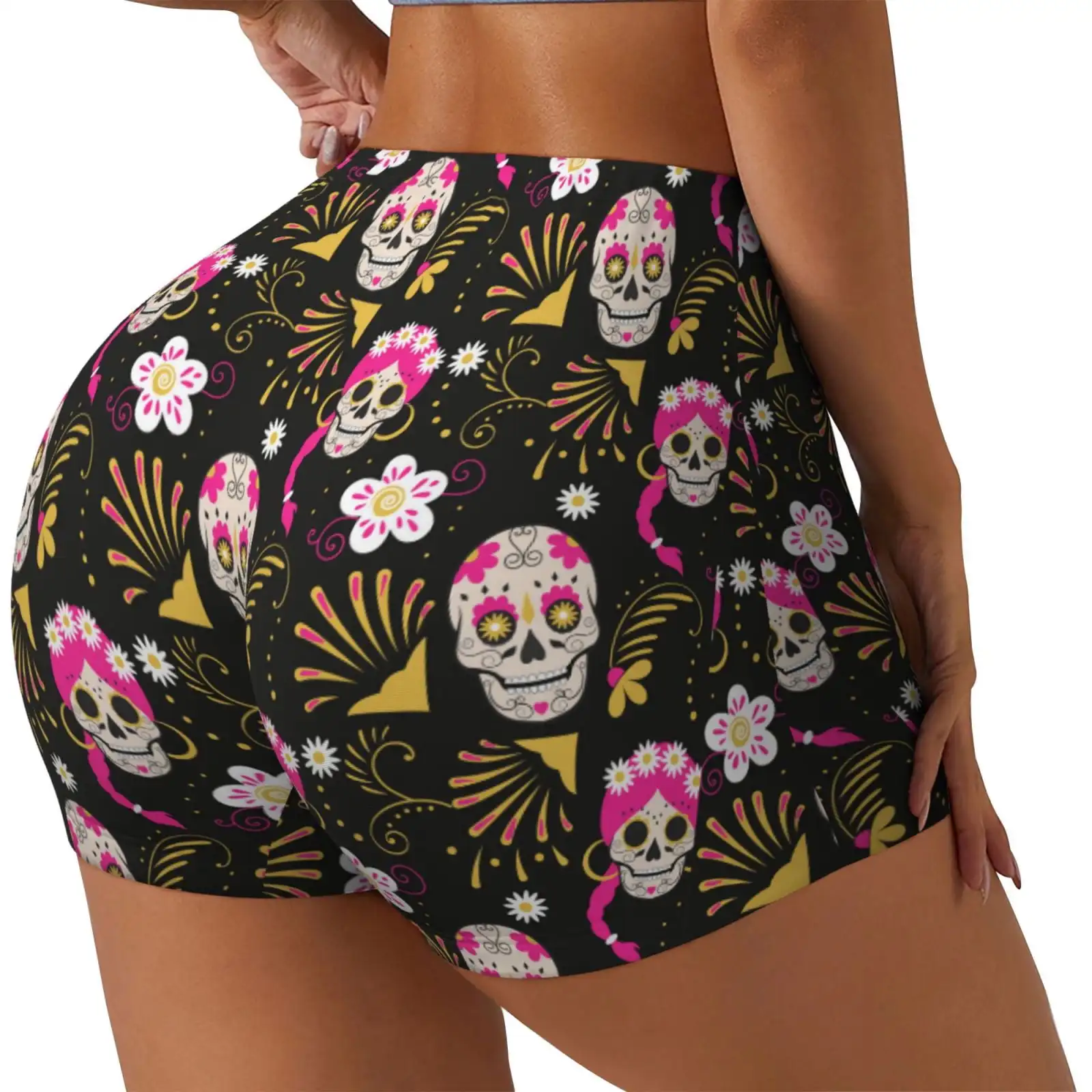Skull Daisy Printed Power Workout Shorts for Women Tummy Control Squat Proof Ribbed Thick Seamless Scrunch Active