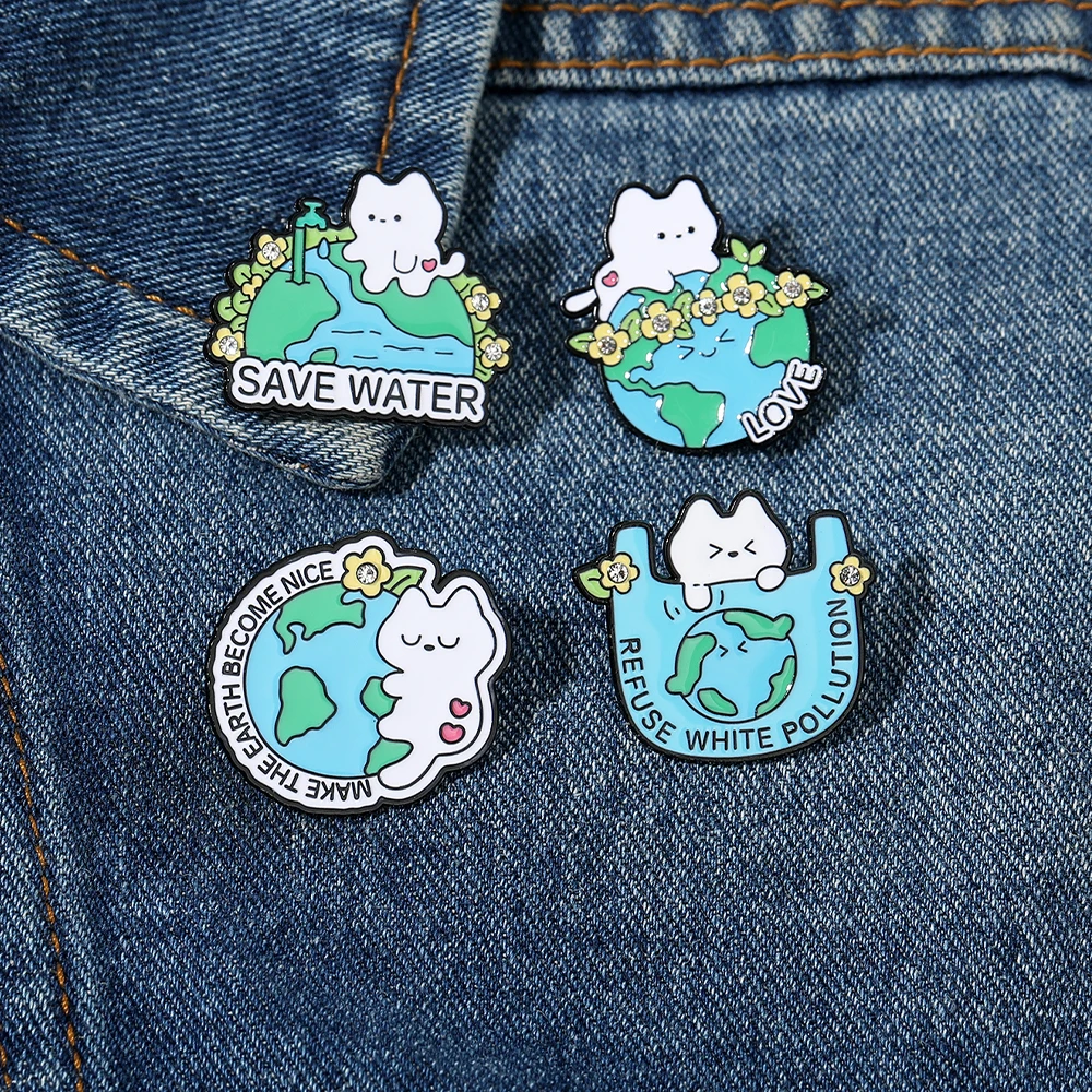4 Style Funny Love White Cat Make The Earth Become Nice Enamel Brooches Kitten Save Water  Refuse White Pollution Pins