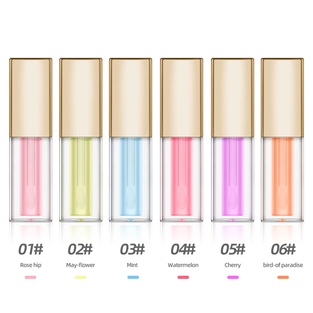 5ml marca própria 6 cores óleo labial personalizado em massa tampa dourada planta plumping bálsamo cuidados com os lábios brilho de água vidro lipgloss maquiagem vegan