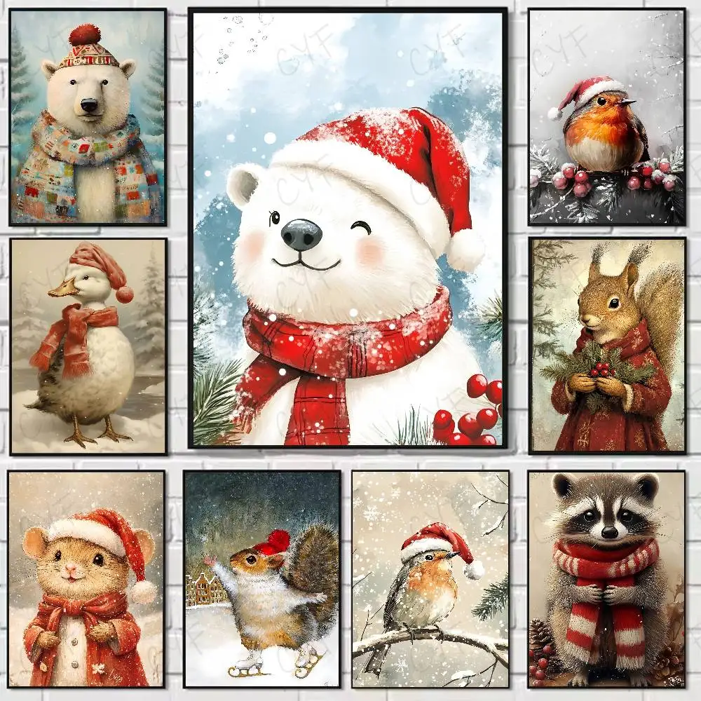 

Bear Christmas Animals Cute Poster Home Living Bed Room Bar Hallway Sticky Wall Art Printing Waterproof Aesthetic Decor