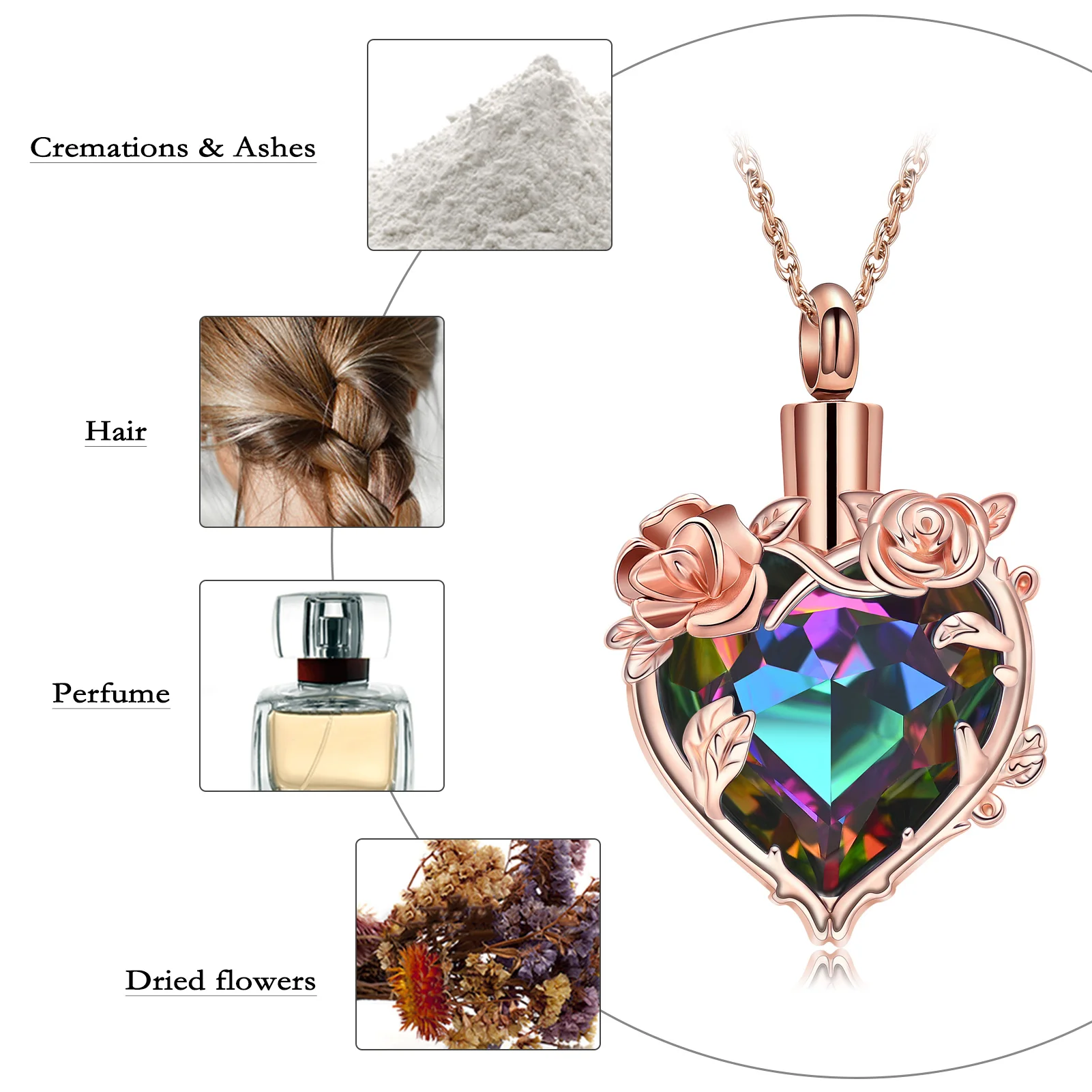 Crystal Heart Rose Flower Cremation Urn Jewelry Necklace cremation Jewelry for Ashes Gift Keepsake Fashionable Pendant