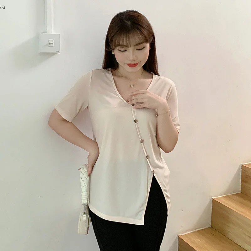 Plus size, mm size full shoulder-shirt for women, covering flesh and appearing thin, irregular thin knit-shirt 3035