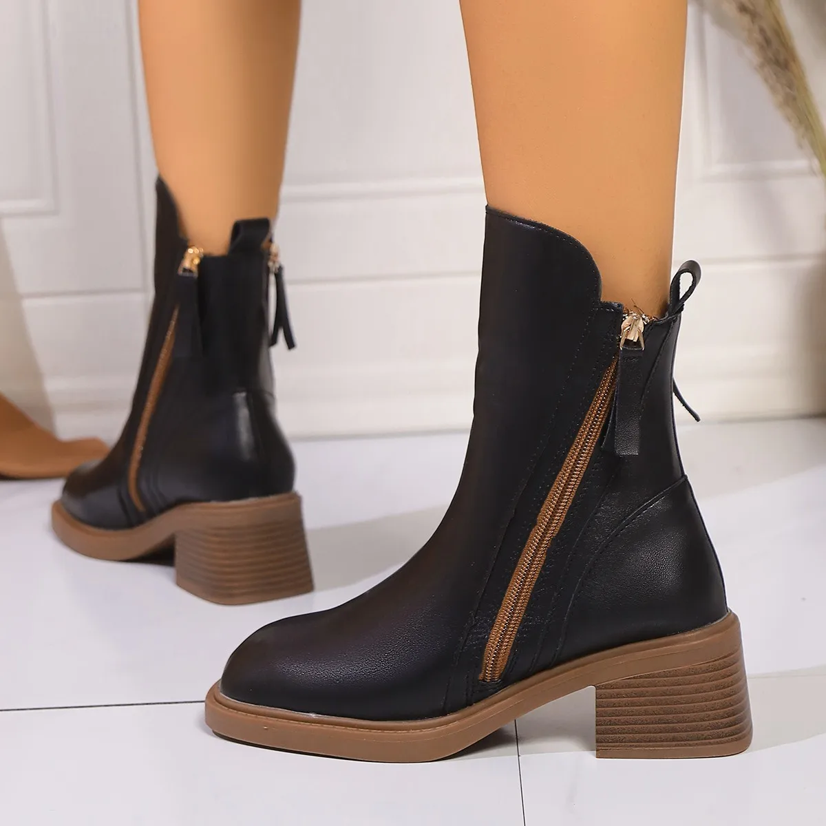 

Woman Mid Calf Boots Women Zipper Chunky Heels Female Footwear Ladies Leather Short Boots Fashion Women's Shoes Botas De Mujer