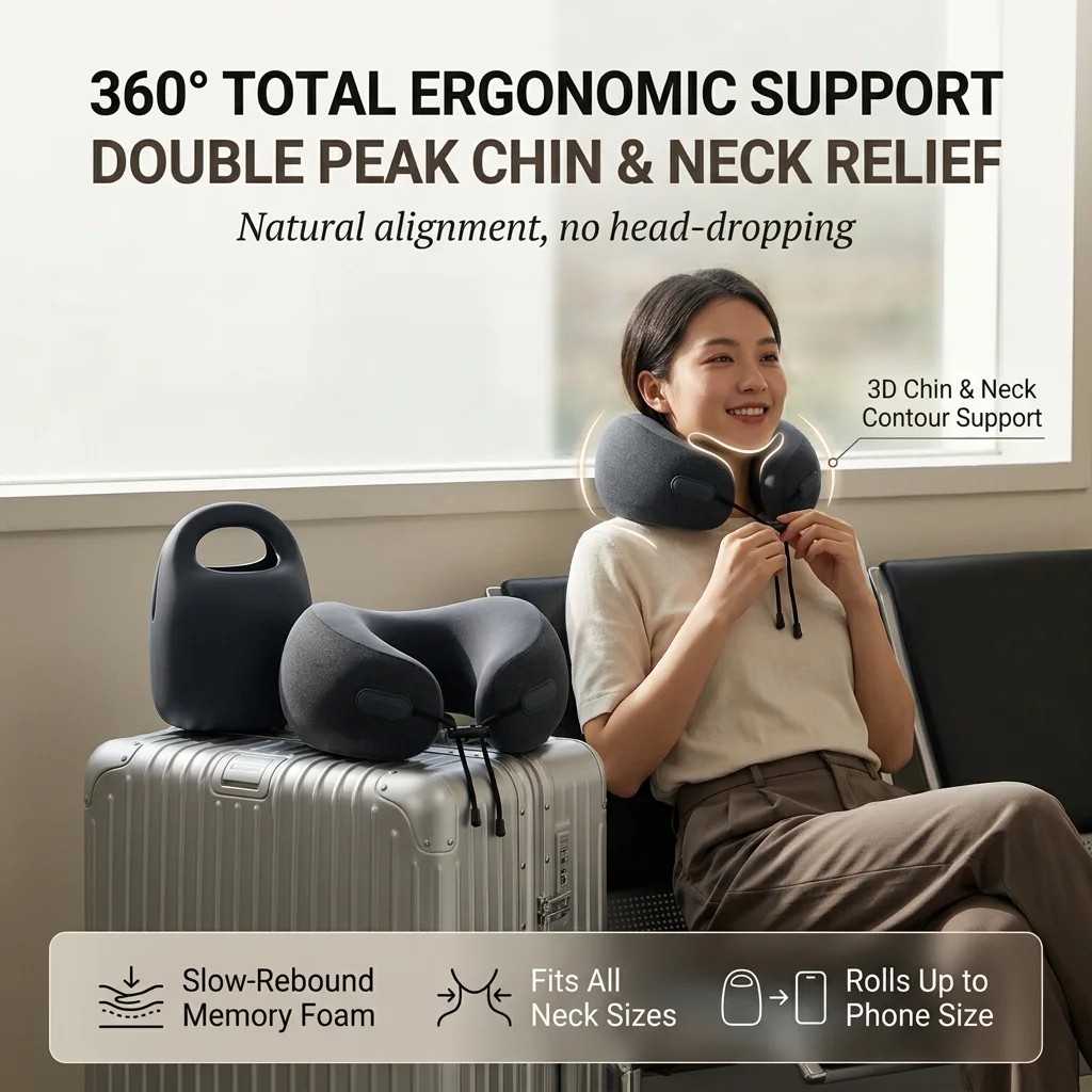 Compact Neck Pillow Ergonomic Travel Cushion Adjustable Strap Double Peak Headrest with Case for Flight Driving Train Office