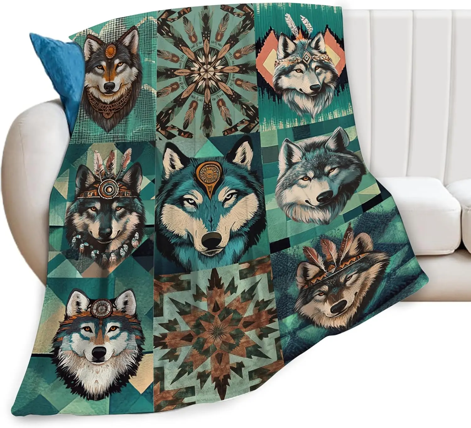 Wolf Blanket Cozy Soft Teal Wolf Flannel Plush Throw Blanket Warm Fluffy Wolf Wild Animal Fleece Bedding Stuff Decor Blanket