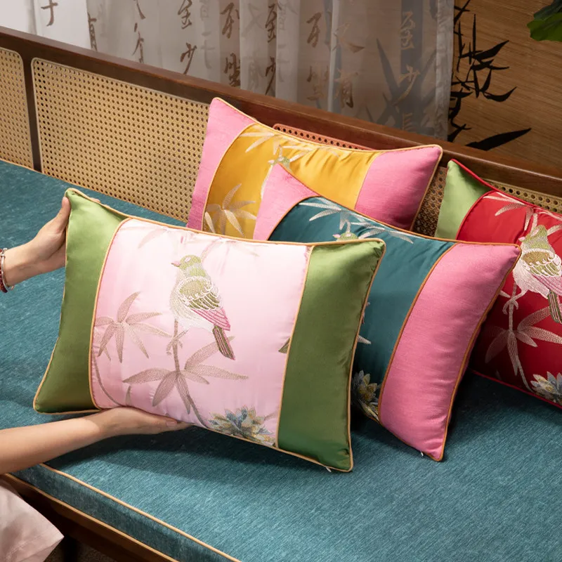 Oriental Bird & Bamboo Embroidery Pillow Cover Set | Luxury Satin Patchwork Cushion Cases| Chinese Sofa Bedroom Deco Pillows