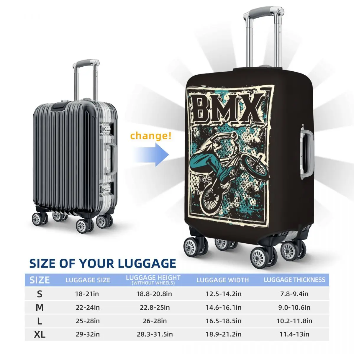Retro BMX Apparel Grunge BMX Fahrrad BMX Freestyle Kofferabdeckung Schutz Elastische Reisegepäckschutzhüllen für 18-32 Zoll