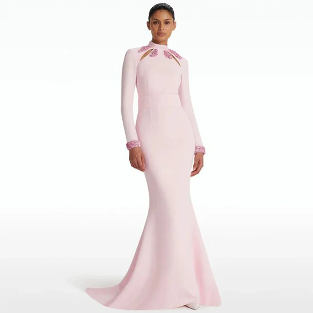 LightPink Women's Evening Gowns Jersey Sequined Bespoke Occasion Gown Trumpet High Collar Long Dresses