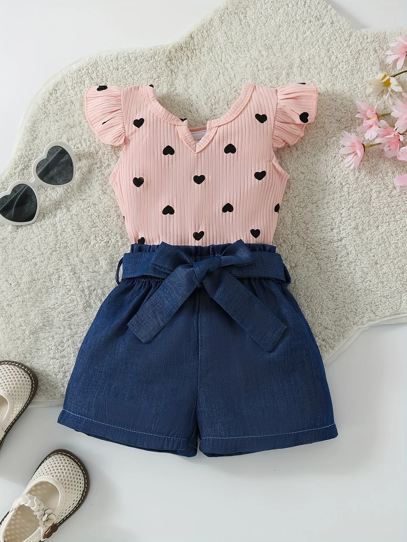 Summer set Baby Girl Baby sweet cute lotus sleeves love pink knit top with bow shorts two-piece set