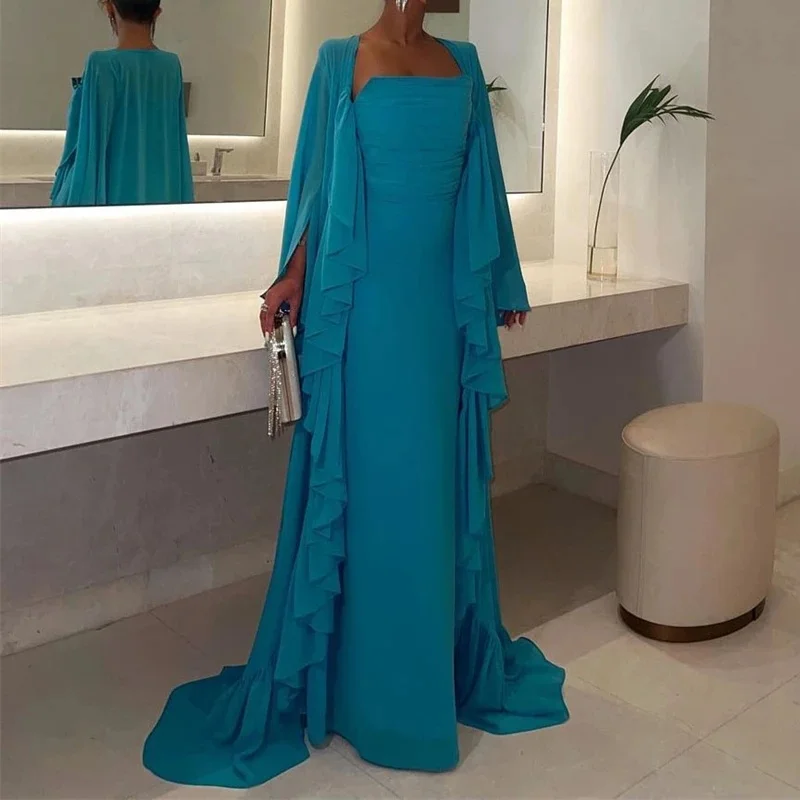 

Elegant Ladies A Line Satin Line Neckline Long Sleeve Floor-Length Ruffles Embellished Evening Dress Custom Cocktail Dress