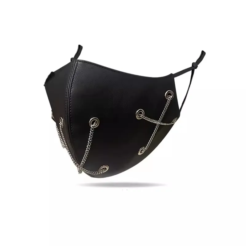 Men Women's Windproof Waterproof PU Leather Punk Chain Mask Lady's  Breathable Mouth-muffle R656