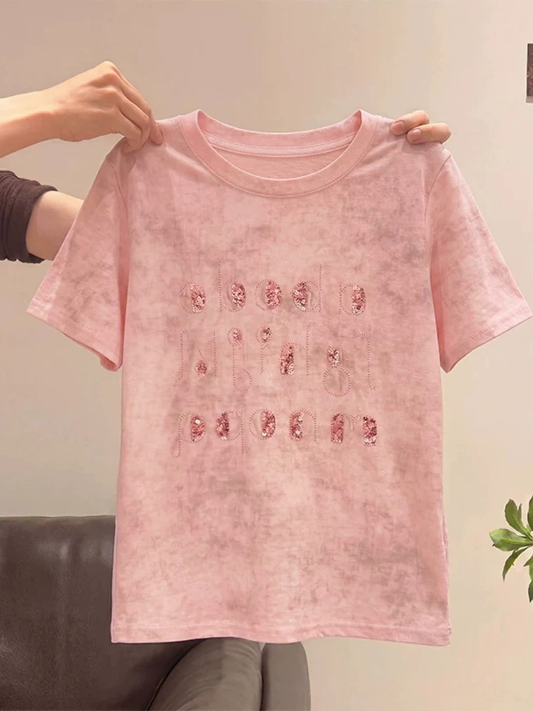 Summer Women's Cotton Short Sleeve T-shirt Glitter Letter Design plus Size Loose Fit Belly Covering Shoulder Level Top