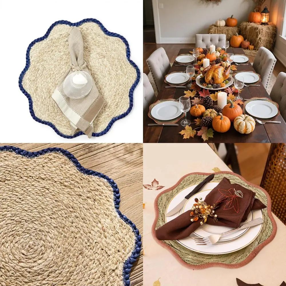 

Two's Company Handwoven Scalloped Edge Placemats, 15-Inch, Seagrass, Set of 4