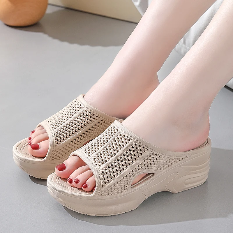 

Summer Thick Heel Red Platform Slippers Indoor Outdoor Anti-Slip Ladies Sandals High Heel Versatile Fashionable Mesh Slippers