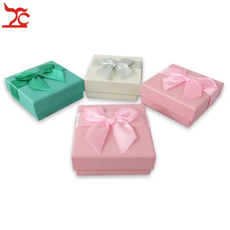 

20Pcs/lot Pink Paper Jewelry Box Green White Earring Necklace Storage Organizer Gift Ribbon Ring Box 7.5*7.5*3cm Wholesale