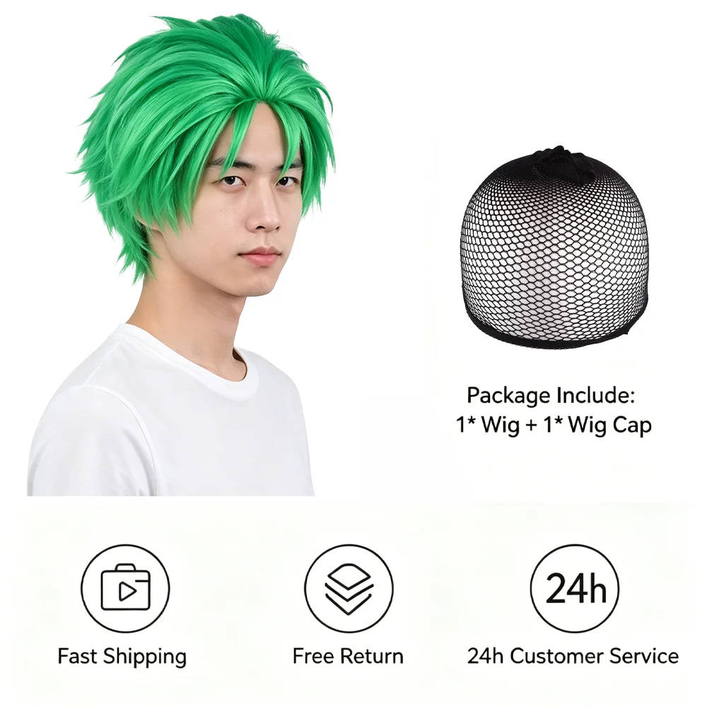 Roronoa Zoro Anime Cosplay Wig Green Short Spiky Layered Heat Resistant Synthetic Hair Halloween Cosplay Costume Prop Unisex