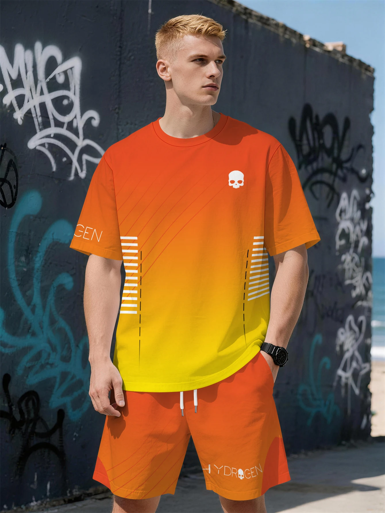 

2026 Summer New Men's Short-Sleeved Set with 3D Personalized Trendy Brand Print Casual and Fashionable Street Style Comfortable