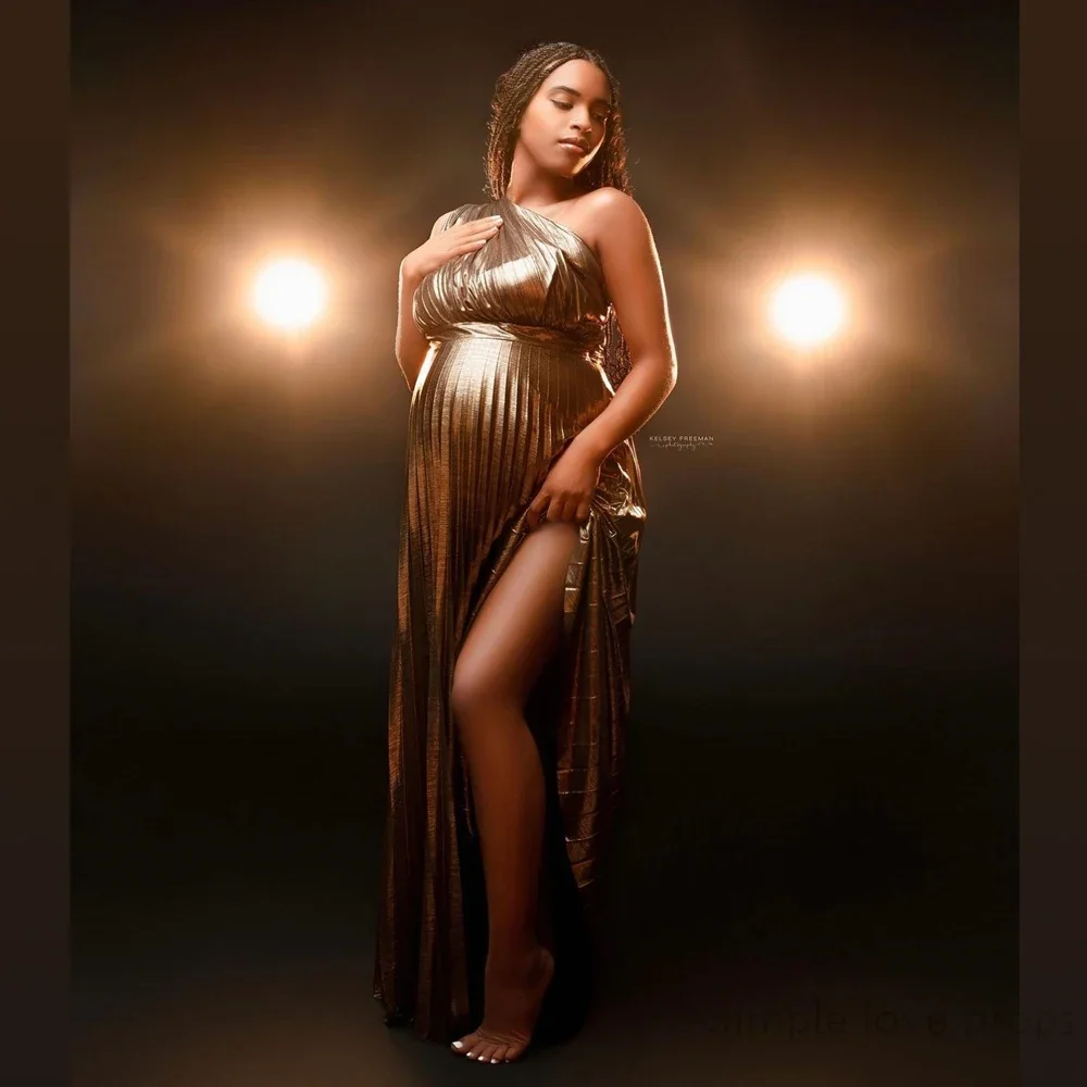 Shiny Pregnant Women Dress Photoshoot Pleated Sexy Goddess Party Evening Dress Maternity Photography Dresses Baby Shower Dress